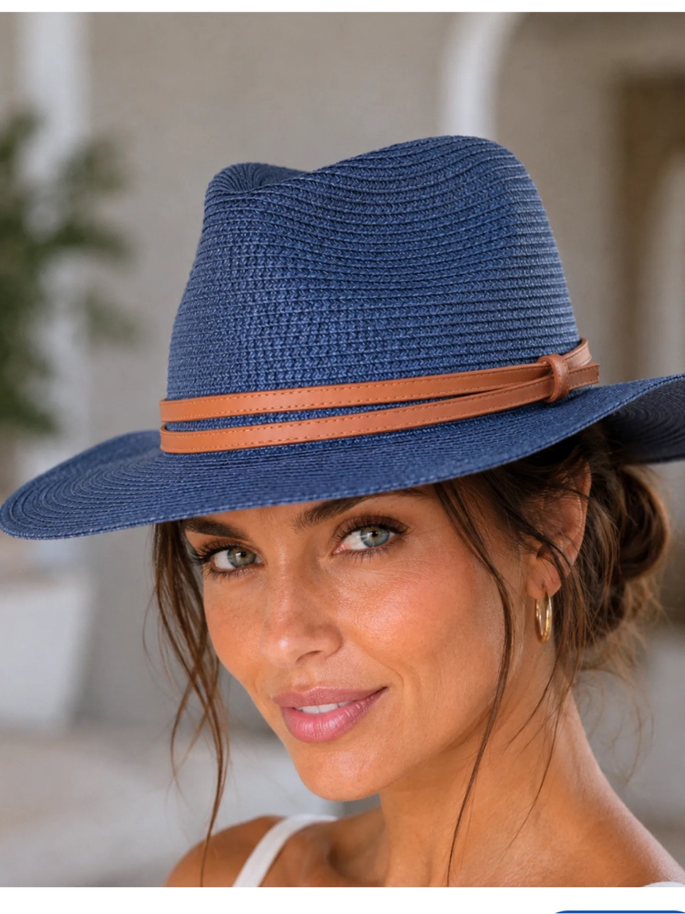 Blue Straw Fedora Hat with Brown Trim - Women Accessories